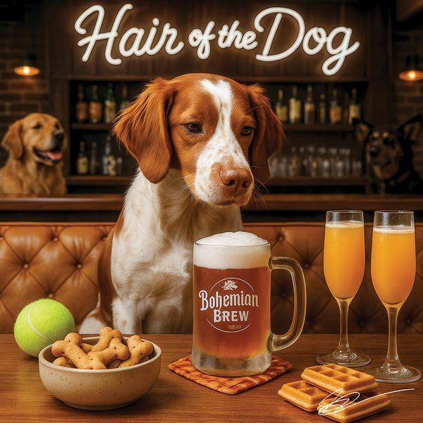 Hair of the Dog Brittany Spaniel 001 Ruff & Ready Funny Canine Art neon lights, bacon-woven flair, and egg murals