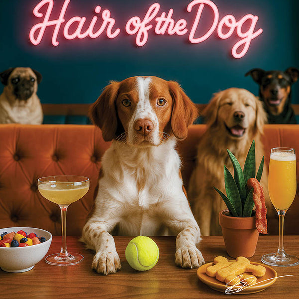 Hair of the Dog Brittany Spaniel 002 Ruff & Ready Funny Canine Art neon lights, bacon-woven flair, and egg murals