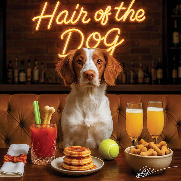 Hair of the Dog Brittany Spaniel 003 Ruff & Ready Funny Canine Art neon lights, bacon-woven flair, and egg murals