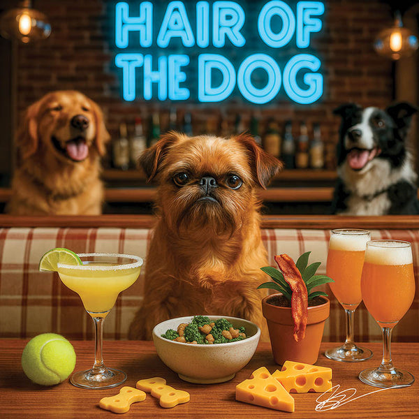 Hair of the Dog Brussels Griffon 007 Ruff & Ready Funny Canine Art neon lights, bacon-woven flair, and egg murals