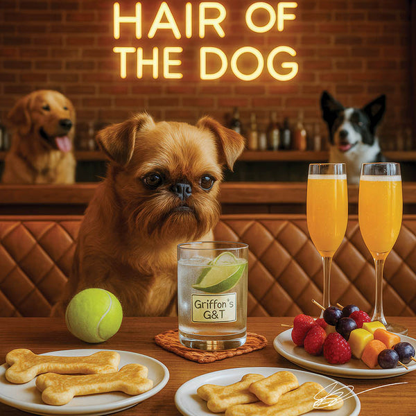 Hair of the Dog Brussels Griffon 011 Ruff & Ready Funny Canine Art neon lights, bacon-woven flair, and egg murals