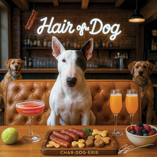 Hair of the Dog Bull Terrier 001 Ruff & Ready Funny Canine Art neon lights, bacon-woven flair, and egg murals