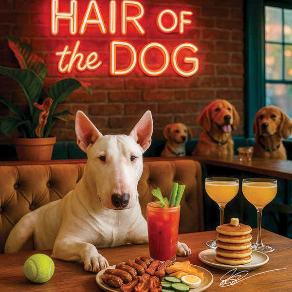 Hair of the Dog Bull Terrier 004 Ruff & Ready Funny Canine Art neon lights, bacon-woven flair, and egg murals