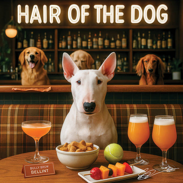 Hair of the Dog Bull Terrier 005 Ruff & Ready Funny Canine Art neon lights, bacon-woven flair, and egg murals