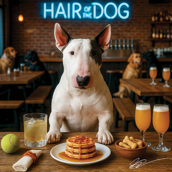 Hair of the Dog Bull Terrier 006 Ruff & Ready Funny Canine Art neon lights, bacon-woven flair, and egg murals