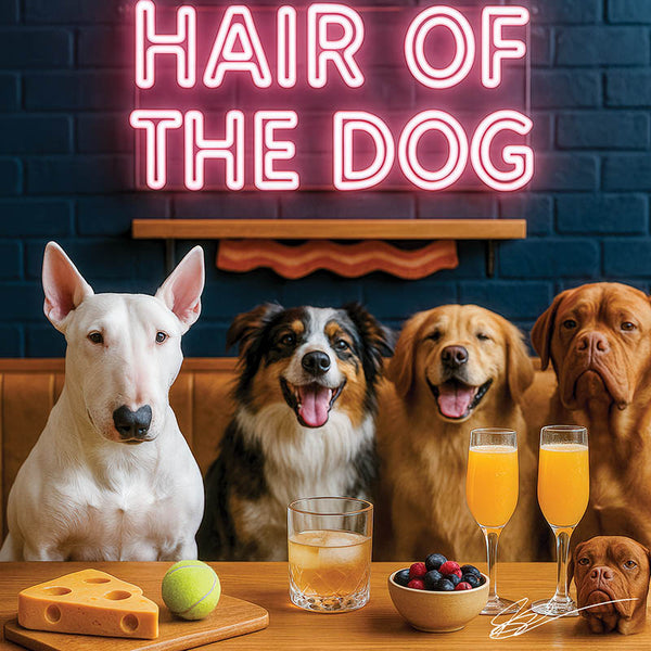 Hair of the Dog Bull Terrier 007 Ruff & Ready Funny Canine Art neon lights, bacon-woven flair, and egg murals