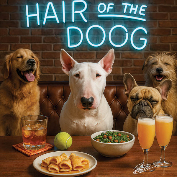 Hair of the Dog Bull Terrier 008 Ruff & Ready Funny Canine Art neon lights, bacon-woven flair, and egg murals