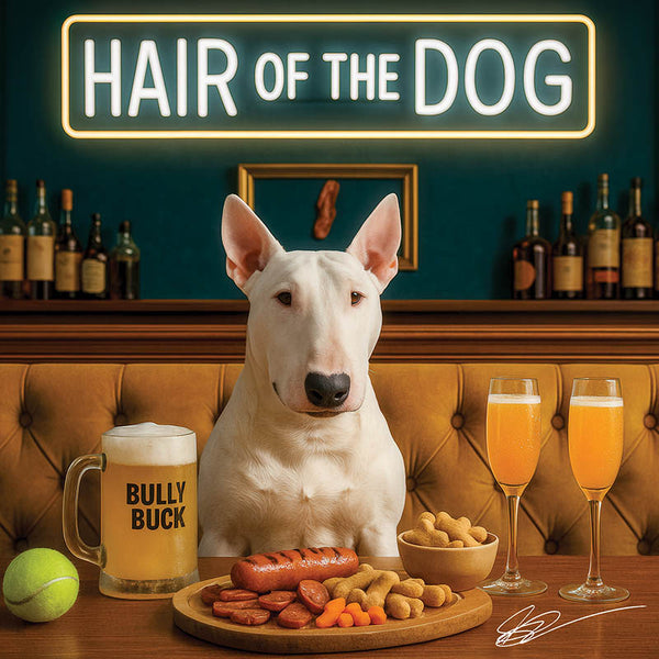 Hair of the Dog Bull Terrier 009 Ruff & Ready Funny Canine Art neon lights, bacon-woven flair, and egg murals
