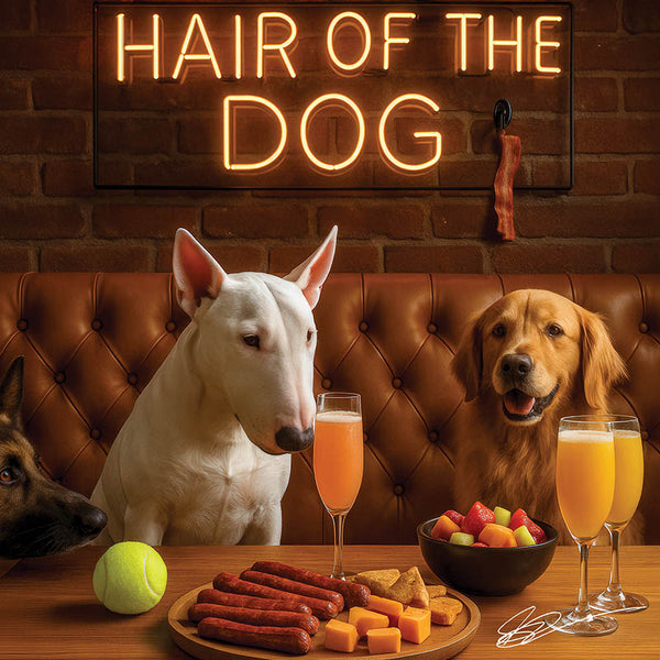 Hair of the Dog Bull Terrier 010 Ruff & Ready Funny Canine Art neon lights, bacon-woven flair, and egg murals