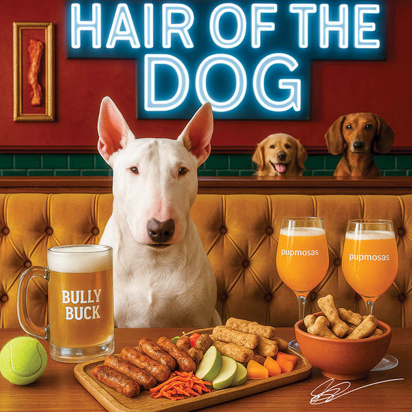 Hair of the Dog Bull Terrier 011 Ruff & Ready Funny Canine Art neon lights, bacon-woven flair, and egg murals
