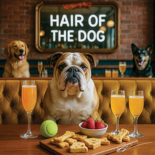 Hair of the Dog Bulldog 001 Ruff & Ready Funny Canine Art neon lights, bacon-woven flair, and egg murals