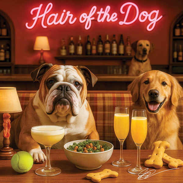 Hair of the Dog Bulldog 010 Ruff & Ready Funny Canine Art neon lights, bacon-woven flair, and egg murals