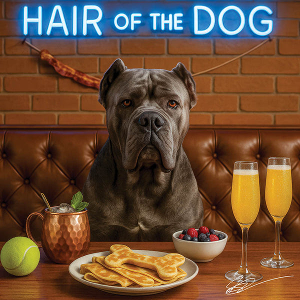 Hair of the Dog Cane Corso 001 Ruff & Ready Funny Canine Art neon lights, bacon-woven flair, and egg murals