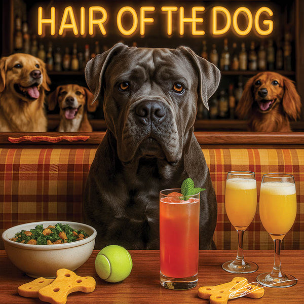 Hair of the Dog Cane Corso 004 Ruff & Ready Funny Canine Art neon lights, bacon-woven flair, and egg murals