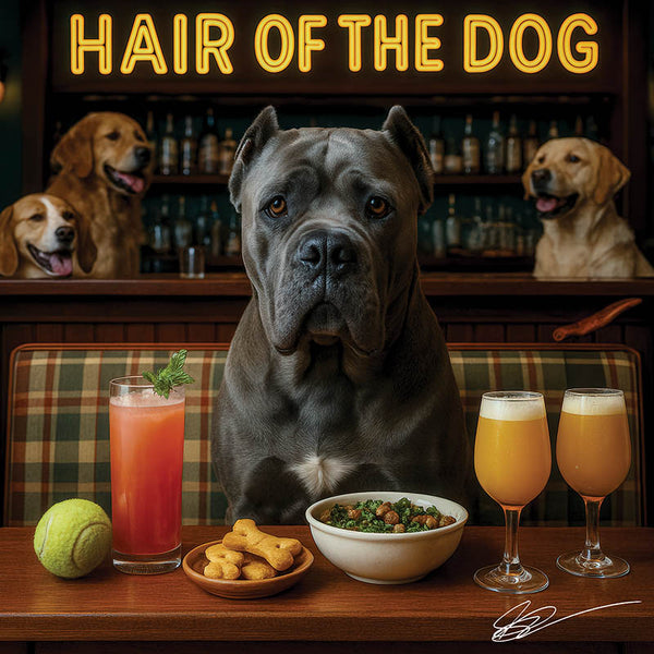 Hair of the Dog Cane Corso 009 Ruff & Ready Funny Canine Art neon lights, bacon-woven flair, and egg murals