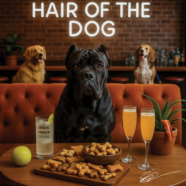 Hair of the Dog Cane Corso 010 Ruff & Ready Funny Canine Art neon lights, bacon-woven flair, and egg murals