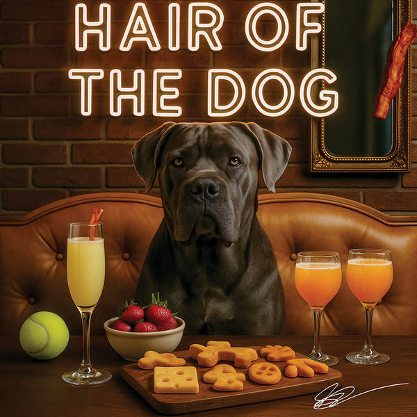 Hair of the Dog Cane Corso 015 Ruff & Ready Funny Canine Art neon lights, bacon-woven flair, and egg murals