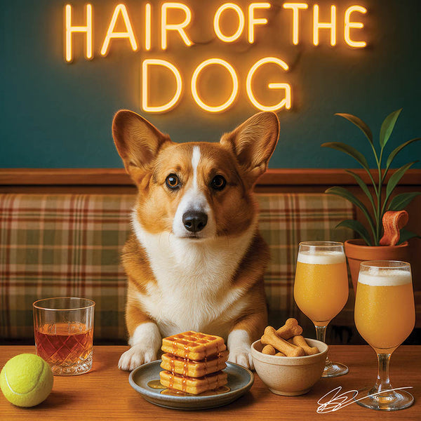 Hair of the Dog Cardigan Welsh Corgi 003 Ruff & Ready Funny Canine Art neon lights, bacon-woven flair, and egg murals