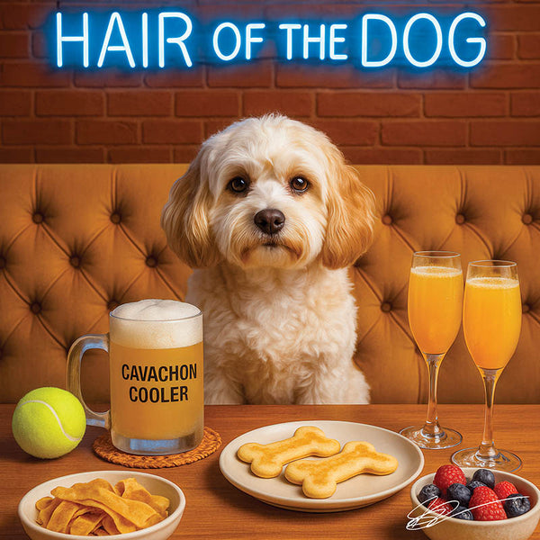 Hair of the Dog Cavachon 003 Ruff & Ready Funny Canine Art neon lights, bacon-woven flair, and egg murals
