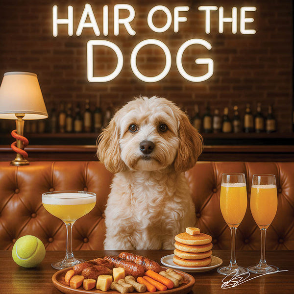 Hair of the Dog Cavachon 004 Ruff & Ready Funny Canine Art neon lights, bacon-woven flair, and egg murals