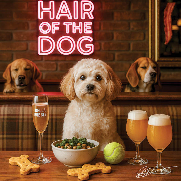 Hair of the Dog Cavachon 008 Ruff & Ready Funny Canine Art neon lights, bacon-woven flair, and egg murals