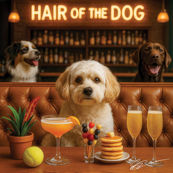 Hair of the Dog Cavachon 012 Ruff & Ready Funny Canine Art neon lights, bacon-woven flair, and egg murals