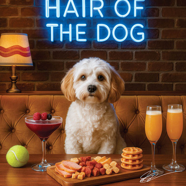 Hair of the Dog Cavachon 014 Ruff & Ready Funny Canine Art neon lights, bacon-woven flair, and egg murals