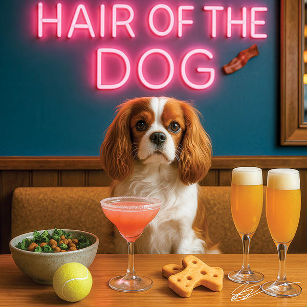 Hair of the Dog Cavalier King Charles Spaniel 005 Ruff & Ready Funny Canine Art neon lights, bacon-woven flair, and egg murals