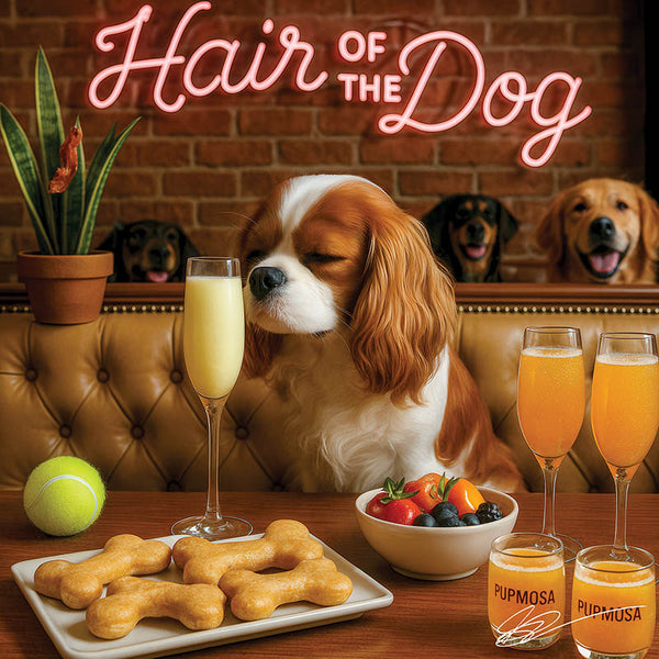 Hair of the Dog Cavalier King Charles Spaniel 006 Ruff & Ready Funny Canine Art neon lights, bacon-woven flair, and egg murals