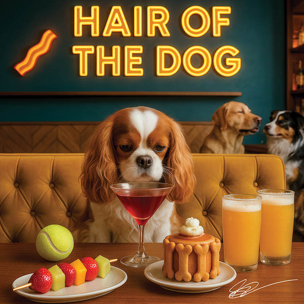 Hair of the Dog Cavalier King Charles Spaniel 007 Ruff & Ready Funny Canine Art neon lights, bacon-woven flair, and egg murals