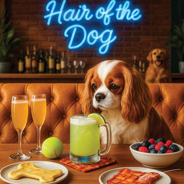 Hair of the Dog Cavalier King Charles Spaniel 009 Ruff & Ready Funny Canine Art neon lights, bacon-woven flair, and egg murals