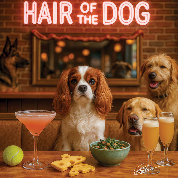 Hair of the Dog Cavalier King Charles Spaniel 010 Ruff & Ready Funny Canine Art neon lights, bacon-woven flair, and egg murals