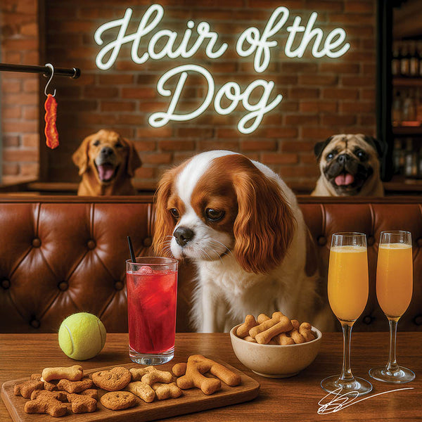 Hair of the Dog Cavalier King Charles Spaniel 011 Ruff & Ready Funny Canine Art neon lights, bacon-woven flair, and egg murals