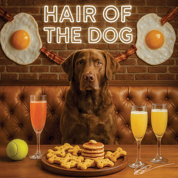 Hair of the Dog Chesapeake Bay Retriever 008 Ruff & Ready Funny Canine Art neon lights, bacon-woven flair, and egg murals