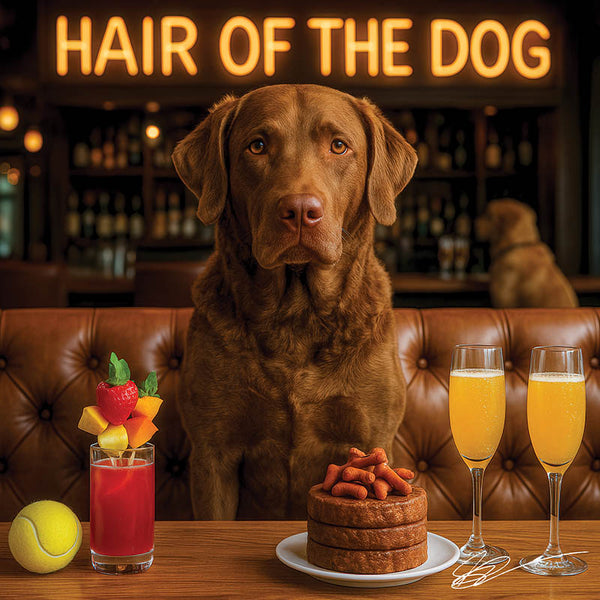 Hair of the Dog Chesapeake Bay Retriever 009 Ruff & Ready Funny Canine Art neon lights, bacon-woven flair, and egg murals