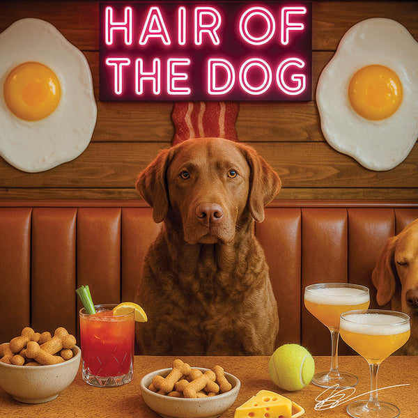 Hair of the Dog Chesapeake Bay Retriever 010 Ruff & Ready Funny Canine Art neon lights, bacon-woven flair, and egg murals