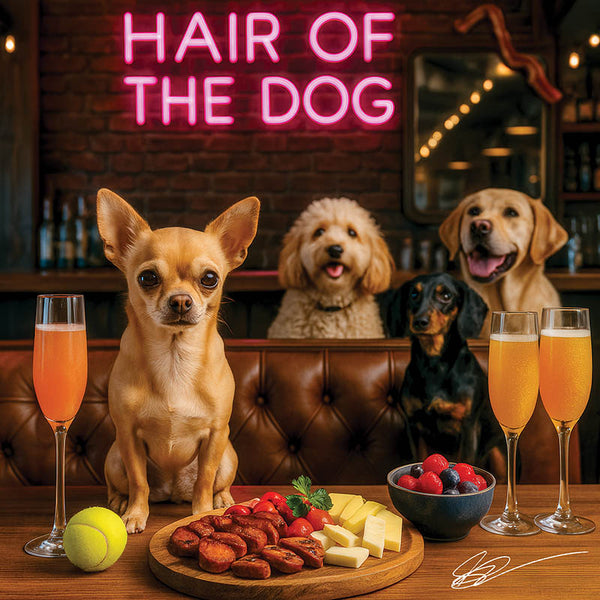Hair of the Dog Chihuahua 001 Ruff & Ready Funny Canine Art neon lights, bacon-woven flair, and egg murals