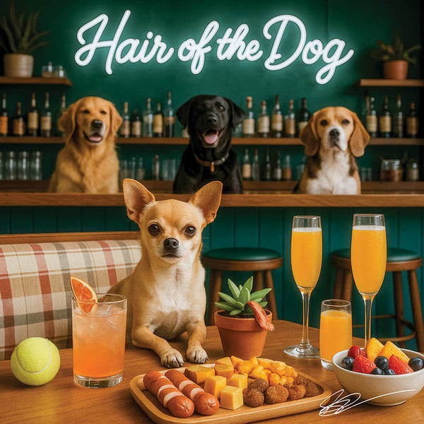 Hair of the Dog Chihuahua 009 Ruff & Ready Funny Canine Art neon lights, bacon-woven flair, and egg murals