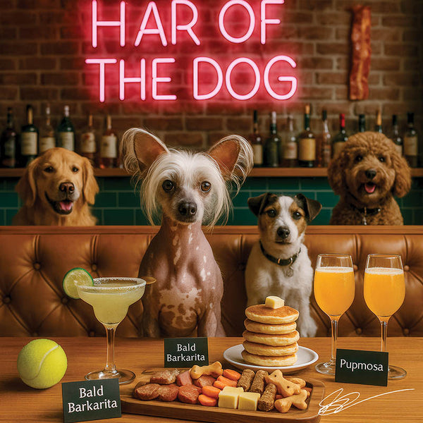 Hair of the Dog Chinese Crested 001 Ruff & Ready Funny Canine Art neon lights, bacon-woven flair, and egg murals
