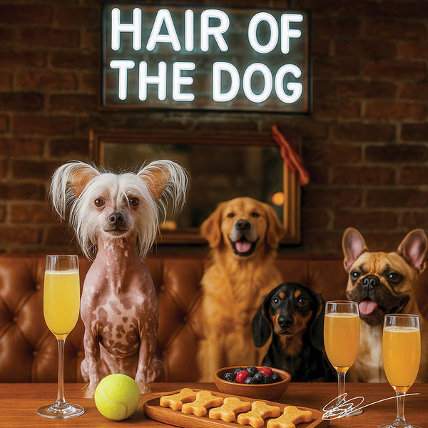 Hair of the Dog Chinese Crested 013 Ruff & Ready Funny Canine Art neon lights, bacon-woven flair, and egg murals