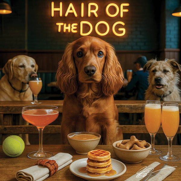 Hair of the Dog Cocker Spaniel 001 Ruff & Ready Funny Canine Art neon lights, bacon-woven flair, and egg murals