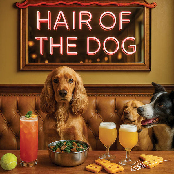Hair of the Dog Cocker Spaniel 004 Ruff & Ready Funny Canine Art neon lights, bacon-woven flair, and egg murals