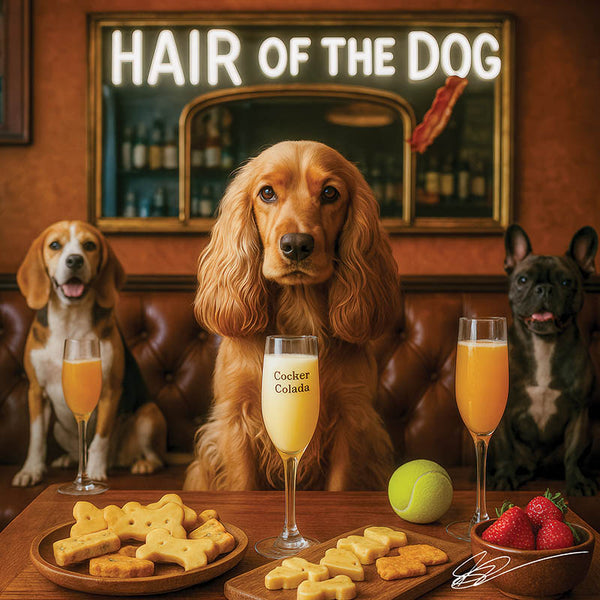 Hair of the Dog Cocker Spaniel 005 Ruff & Ready Funny Canine Art neon lights, bacon-woven flair, and egg murals