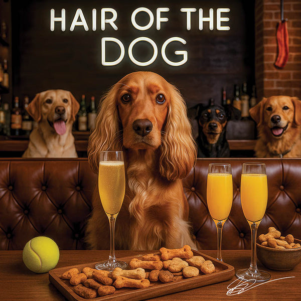 Hair of the Dog Cocker Spaniel 006 Ruff & Ready Funny Canine Art neon lights, bacon-woven flair, and egg murals