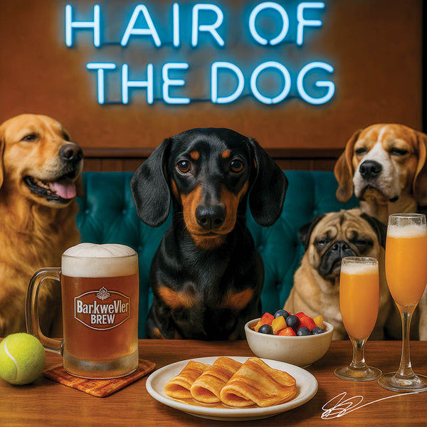 Hair of the Dog Dachshund 006 Ruff & Ready Funny Canine Art neon lights, bacon-woven flair, and egg murals