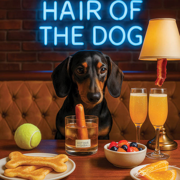 Hair of the Dog Dachshund 008 Ruff & Ready Funny Canine Art neon lights, bacon-woven flair, and egg murals