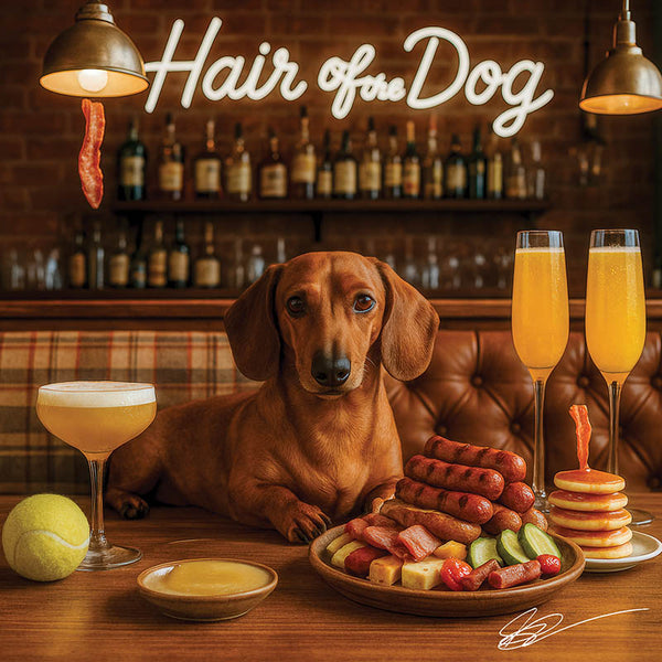 Hair of the Dog Dachshund 009 Ruff & Ready Funny Canine Art neon lights, bacon-woven flair, and egg murals