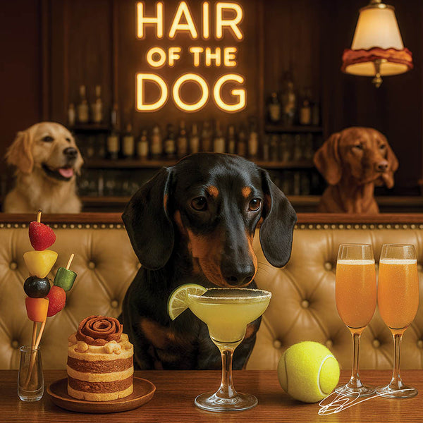 Hair of the Dog Dachshund 010 Ruff & Ready Funny Canine Art neon lights, bacon-woven flair, and egg murals