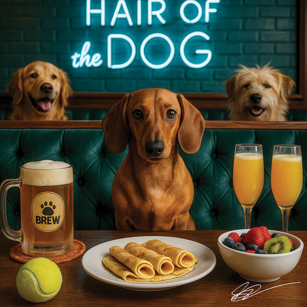Hair of the Dog Dachshund 012 Ruff & Ready Funny Canine Art neon lights, bacon-woven flair, and egg murals