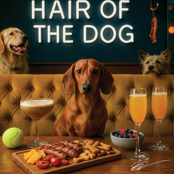 Hair of the Dog Dachshund 013 Ruff & Ready Funny Canine Art neon lights, bacon-woven flair, and egg murals